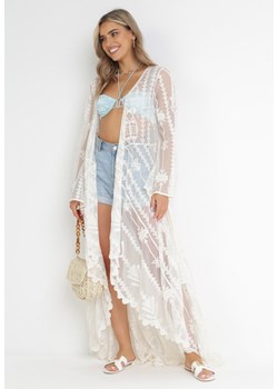 Beżowa Asymetryczna Narzutka Sukienka Maxi z Głębokim Dekoltem z Koronkowej Tkaniny Itzamara ze sklepu Born2be Odzież w kategorii Odzież plażowa - zdjęcie 156880329