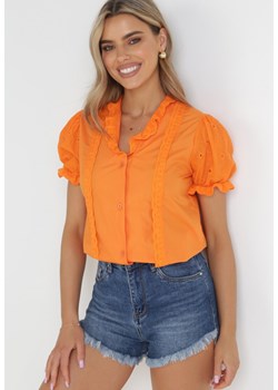 Pomarańczowa Koszula z Bufiastymi Rękawami i Koronkowymi Tasiemkami Jasly ze sklepu Born2be Odzież w kategorii Koszule damskie - zdjęcie 156880507