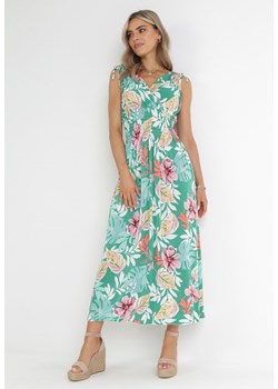 Zielona Sukienka w Kwiaty z Gumką w Pasie Dionothy ze sklepu Born2be Odzież w kategorii Sukienki - zdjęcie 156884345