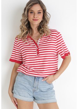 Czerwony T-shirt z Kołnierzykiem Polo w Paski Zalenia ze sklepu Born2be Odzież w kategorii Bluzki damskie - zdjęcie 156884435