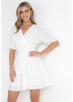 Biała Sukienka Mini z Gumką w Pasie i Falbankami Edeane ze sklepu Born2be Odzież w kategorii Sukienki - zdjęcie 157024907