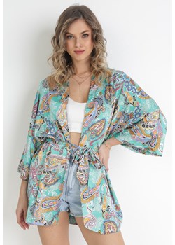 Zielona Wzorzysta Narzutka Bluzka Kimono Wiązana w Pasie z Rozcięciami Sitma ze sklepu Born2be Odzież w kategorii Odzież plażowa - zdjęcie 157025007