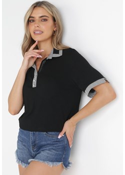 Czarny T-shirt Polo z Ozdobnymi Taśmami i Cyrkoniami Kythy ze sklepu Born2be Odzież w kategorii Bluzki damskie - zdjęcie 157025119
