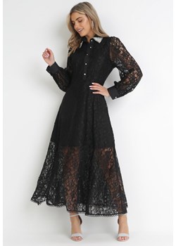 Czarna Koronkowa Sukienka Maxi z Ozdobnym Kołnierzem z Cyrkoniami Abena ze sklepu Born2be Odzież w kategorii Sukienki - zdjęcie 157025277