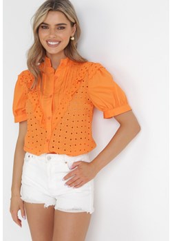 Pomarańczowa Koronkowa Koszula ze Stójką i Ozdobnym Haftem Astralee ze sklepu Born2be Odzież w kategorii Koszule damskie - zdjęcie 157025287
