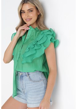 Zielona Koszulowa Bluzka z Plisowaną Falbaną na Ramionach Shyllita ze sklepu Born2be Odzież w kategorii Bluzki damskie - zdjęcie 157025357