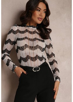 Biało-Czarna Bluzka z Koronką Bone ze sklepu Renee odzież w kategorii Bluzki damskie - zdjęcie 157053549