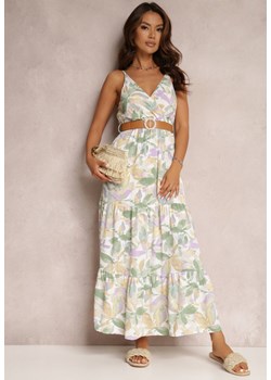 Biało-Zielona Sukienka z Paskiem Nevin ze sklepu Renee odzież w kategorii Sukienki - zdjęcie 157071616