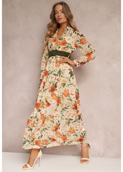 Jasnobeżowa Sukienka z Paskiem i Gumką w Pasie Hahonu ze sklepu Renee odzież w kategorii Sukienki - zdjęcie 157074735