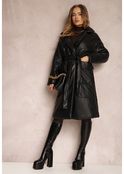 Czarny Płaszcz z Imitacji Skóry z Wiązanym Paskiem Tosha ze sklepu Renee odzież w kategorii Płaszcze damskie - zdjęcie 157076028