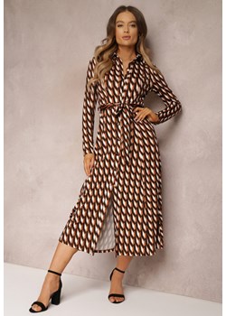 Brązowa Sukienka Koszulowa w Geometryczny Wzór Fendwe ze sklepu Renee odzież w kategorii Sukienki - zdjęcie 157076708