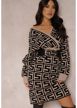 Beżowa Sukienka Wełniana w Geometryczny Wzór Hamu ze sklepu Renee odzież w kategorii Sukienki - zdjęcie 157077577