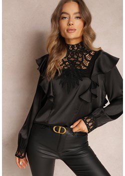 Czarna Bluzka z Falbankami i Ażurową Stójką Azuva ze sklepu Renee odzież w kategorii Bluzki damskie - zdjęcie 157077715