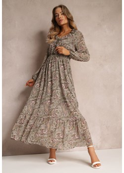 Jasnozielona Sukienka z Falbanką przy Dekolcie w Ornamentalny Wzór Mana ze sklepu Renee odzież w kategorii Sukienki - zdjęcie 157079119