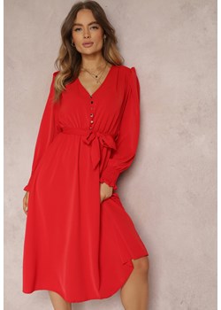 Czerwona Sukienka z Bufiastym Rękawem i Wiązanym Paskiem Corrine ze sklepu Renee odzież w kategorii Sukienki - zdjęcie 157079425