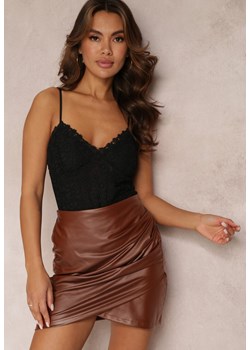 Ciemnobrązowa Spódnica  z Imitacji Skóry Marszczona Asymetryczna Bolno ze sklepu Renee odzież w kategorii Spódnice - zdjęcie 157079589