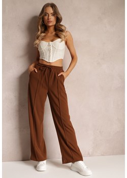 Brązowe Spodnie Szerokie z Gumką w Talii Belka ze sklepu Renee odzież w kategorii Spodnie damskie - zdjęcie 157079609