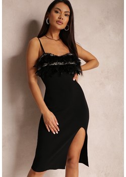 Czarna Sukienka Dopasowana z Piórkami przy Dekolcie Lefouto ze sklepu Renee odzież w kategorii Sukienki - zdjęcie 157079766
