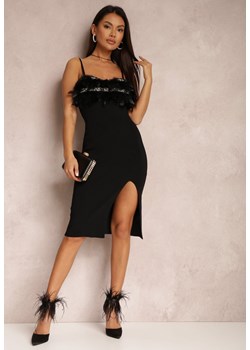 Czarna Sukienka Dopasowana z Piórkami przy Dekolcie Lefouto ze sklepu Renee odzież w kategorii Sukienki - zdjęcie 157079767