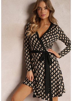 Beżowa Sukienka Kopertowa w Geometryczny Wzór Feozie ze sklepu Renee odzież w kategorii Sukienki - zdjęcie 157080148