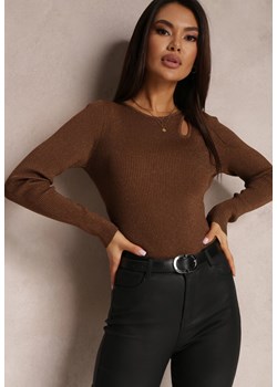 Ciemnobrązowy Sweter z Brokatem i Wycięciem przy Dekolcie Femolile ze sklepu Renee odzież w kategorii Swetry damskie - zdjęcie 157080338