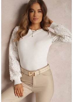 Biały Sweter z Bufiastym Ażurowym Rękawem Fenavy ze sklepu Renee odzież w kategorii Swetry damskie - zdjęcie 157080505
