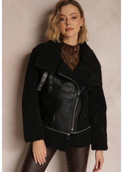 Czarna Kurtka Biker z Imitacji Skóry i Kożuszka Malfe ze sklepu Renee odzież w kategorii Kurtki damskie - zdjęcie 157080517