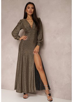 Złota Sukienka Wieczorowa z Głębokim Dekoltem Phaly ze sklepu Renee odzież w kategorii Sukienki - zdjęcie 157080587