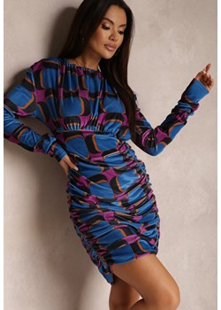 Niebieska Sukienka z Drapowaniem w Geometryczny Wzór Biyo ze sklepu Renee odzież w kategorii Sukienki - zdjęcie 157080746