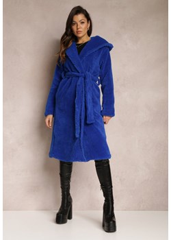 Granatowy Futrzany Płaszcz Wiązany w Pasie Vimegi ze sklepu Renee odzież w kategorii Płaszcze damskie - zdjęcie 157081057
