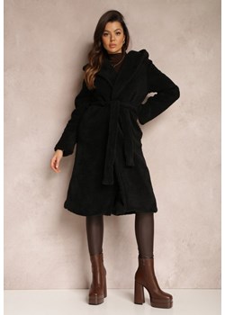 Czarny Futrzany Płaszcz Wiązany w Pasie Vimegi ze sklepu Renee odzież w kategorii Płaszcze damskie - zdjęcie 157081067
