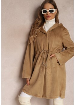 Beżowy Płaszcz Futrzany z Kapturem Gisi ze sklepu Renee odzież w kategorii Płaszcze damskie - zdjęcie 157081077