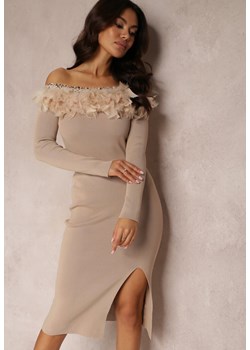 Beżowa Sukienka Dzianinowa z Piórami Thanula ze sklepu Renee odzież w kategorii Sukienki - zdjęcie 157081597