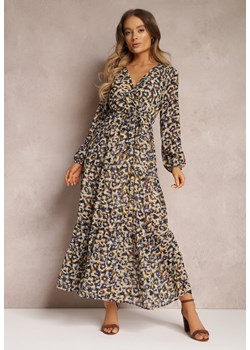 Granatowo-Beżowa Sukienka z Kopertowym Dekoltem w Cętki Irdra ze sklepu Renee odzież w kategorii Sukienki - zdjęcie 157081637