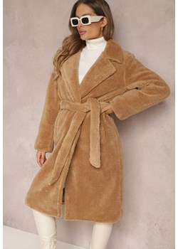 Beżowy Płaszcz Futrzany z Wiązanym Paskiem Nasava ze sklepu Renee odzież w kategorii Futra damskie - zdjęcie 157082148