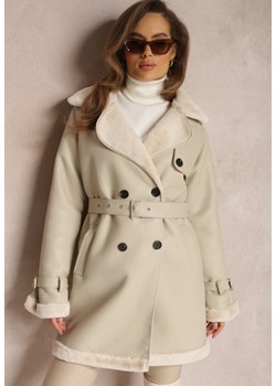 Jasnobeżowy Płaszcz Dwurzędowy z Imitacji Skóry Clachee ze sklepu Renee odzież w kategorii Płaszcze damskie - zdjęcie 157082245