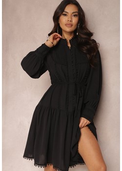 Czarna Koszulowa Sukienka z Ażurowymi Tasiemkami i Stójką Chehi ze sklepu Renee odzież w kategorii Sukienki - zdjęcie 157082328