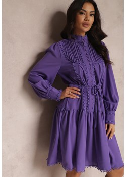 Fioletowa Koszulowa Sukienka z Ażurowymi Tasiemkami i Stójką Chehi ze sklepu Renee odzież w kategorii Sukienki - zdjęcie 157082338