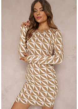 Biało-Beżowa Sukienka Dzianinowa w Geometryczny Wzór Chlaria ze sklepu Renee odzież w kategorii Sukienki - zdjęcie 157082625