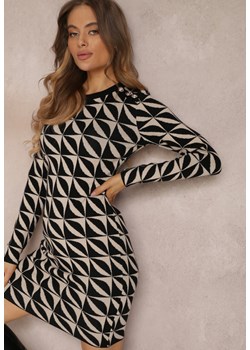 Czarno-Beżowa Sukienka Dzianinowa w Geometryczny Wzór Chlaria ze sklepu Renee odzież w kategorii Sukienki - zdjęcie 157082635
