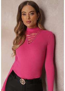 Fuksjowy Sweter z Gorsetowym Wiązaniem na Dekolcie Clallie ze sklepu Renee odzież w kategorii Swetry damskie - zdjęcie 157082655