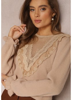 Beżowy Sweter z Falbankami i Ażurową Koronką Vegu ze sklepu Renee odzież w kategorii Swetry damskie - zdjęcie 157082908