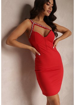 Czerwona Sukienka na Jedno Ramię z Cyrkoniami Racis ze sklepu Renee odzież w kategorii Sukienki - zdjęcie 157082996