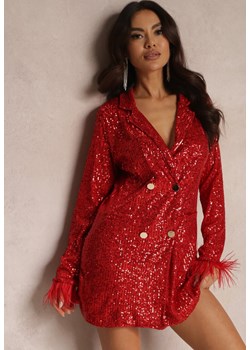 Czerwona Sukienka Mini o Kroju Marynarki z Cekinami i Piórkami na Rękawach Zake ze sklepu Renee odzież w kategorii Sukienki - zdjęcie 157083307