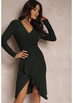 Zielona Dopasowana Sukienka z Falbanką i Kopertowym Dekoltem Kosi ze sklepu Renee odzież w kategorii Sukienki - zdjęcie 157083317