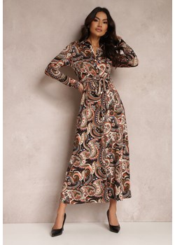 Brązowa Sukienka Maxi z Kołnierzykiem i Paskiem Mosla ze sklepu Renee odzież w kategorii Sukienki - zdjęcie 157083436