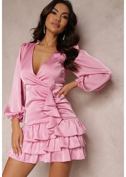 Różowa Sukienka Mini z Kopertowym Dekoltem i Falbankami Onnas ze sklepu Renee odzież w kategorii Sukienki - zdjęcie 157083677