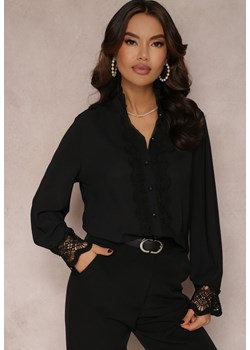 Czarna Koszula z Ażurową Stójką i Bufiastym Rękawem Nito ze sklepu Renee odzież w kategorii Koszule damskie - zdjęcie 157083738