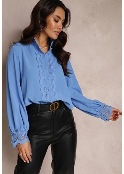 Niebieska Koszula z Ażurową Stójką i Bufiastym Rękawem Nito ze sklepu Renee odzież w kategorii Koszule damskie - zdjęcie 157083755