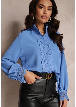 Niebieska Koszula z Ażurową Stójką i Bufiastym Rękawem Nito ze sklepu Renee odzież w kategorii Koszule damskie - zdjęcie 157083757